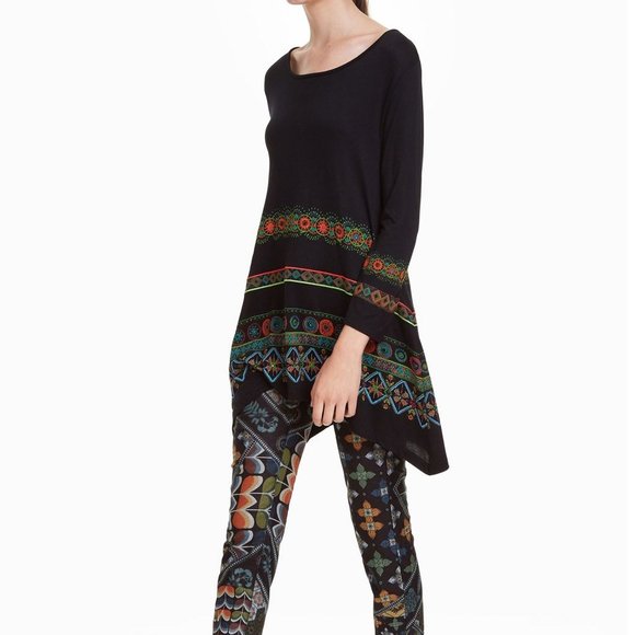 Desigual Aleia T-Shirt Size XS Tunic Top Black Multicolor Boho Ethnic Aztec - Picture 13 of 13